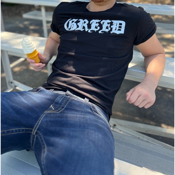 NEW JUICY COUTURE MEN SEVEN 7 SINS GREED SILVER FOIL T SHIRT DEADLY HEAVEN GOD L - Picture 7 of 16